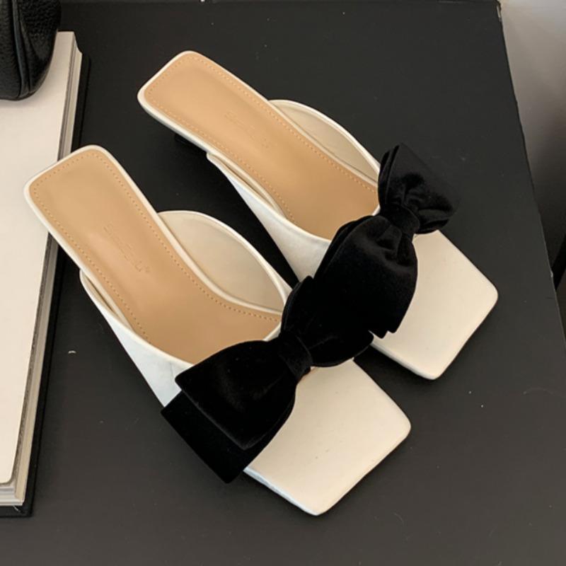 

Fashion Women s Low Heel Slippers Summer New Square Head Butterfly Knot Set Foot Anti-slip Wear-resistant Fine Heel Sandals 35