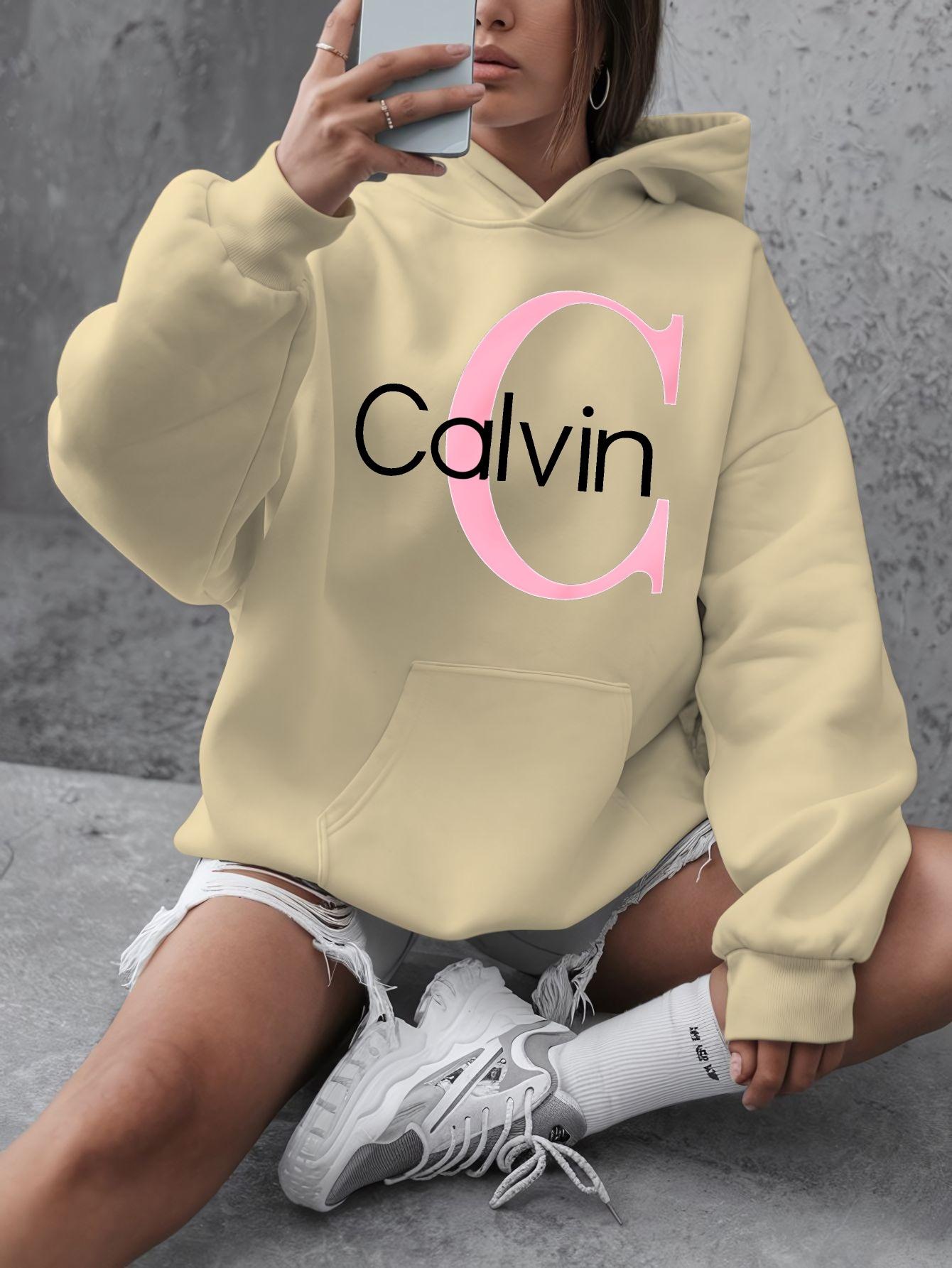 Calvin Graphic Hoodie Everyday Comfort Women s Calvin Graphic Hoodie Casual Long Sleeve Pullover with Pockets Simple Design S