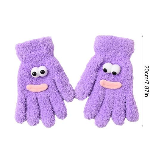 

1 пара женских перчаток из кораллового флиса, мультяшные глаза, рты-сосиски, пятипалые, термо фиолетовый