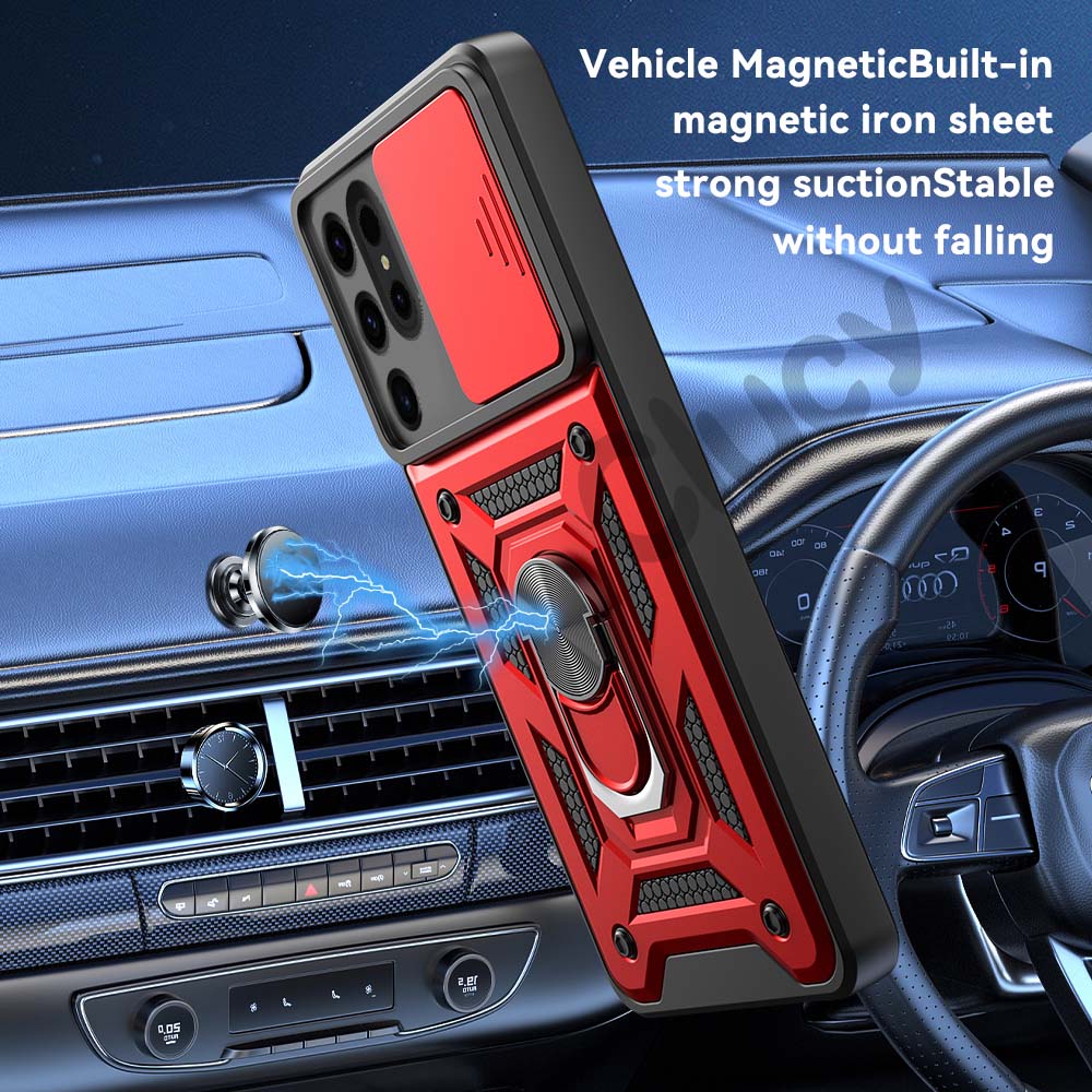 For Samsung Galaxy S24Ultra S23Plus S22 S21 Camera Shockproof Armor Case For Galaxy S23FE Car Magnetic Holder Ring Protect Cover