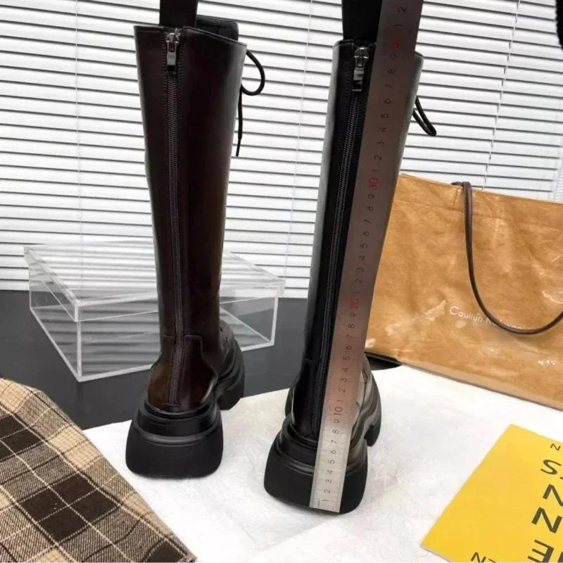 Women's Fashion Boots High Boots Front Lacing High Tube Middle Follow Thick Sole High Boots Solid Color Round Head Platform Shoe