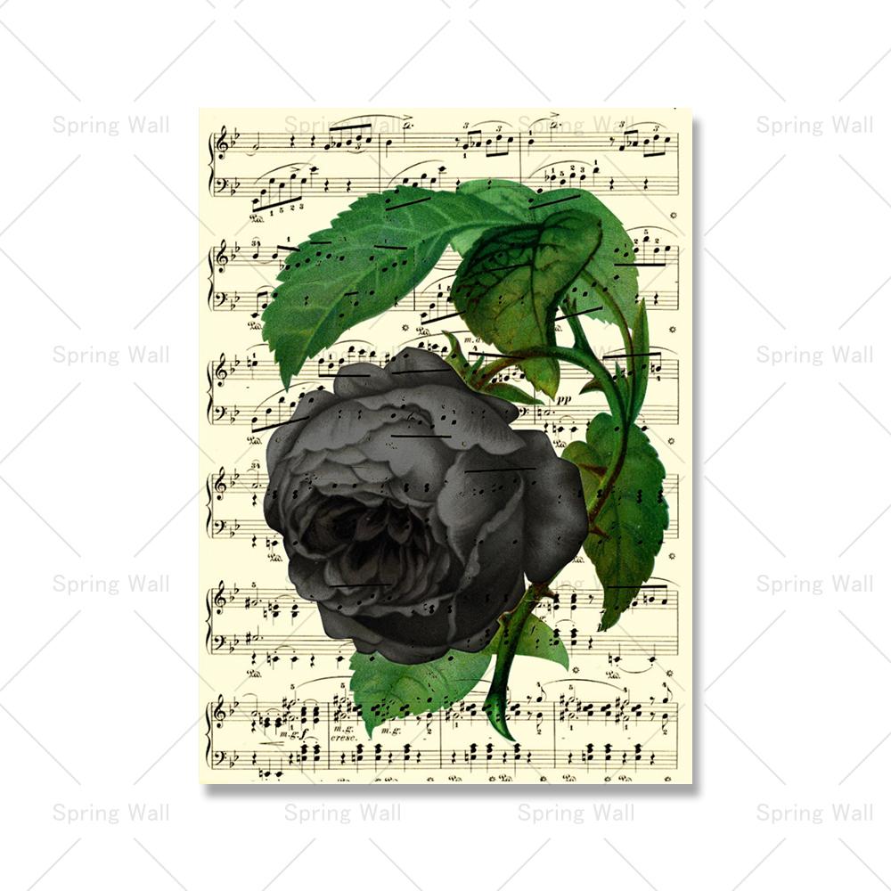 

Трио винтажных черных роз, напечатанных на переработанном старинном музыкальном плакате, Викторианская готика, Темное искусство, Холст, Настенный декор 70x100cm No Framed