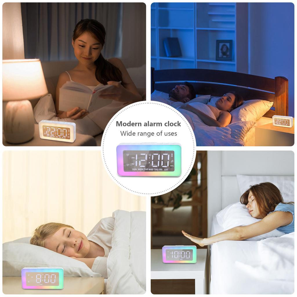 Digital Alarm Clock LED Desktop Clock Large Display USB Powered 8 LED RGB Night Light Electronic Clock for Bedroom