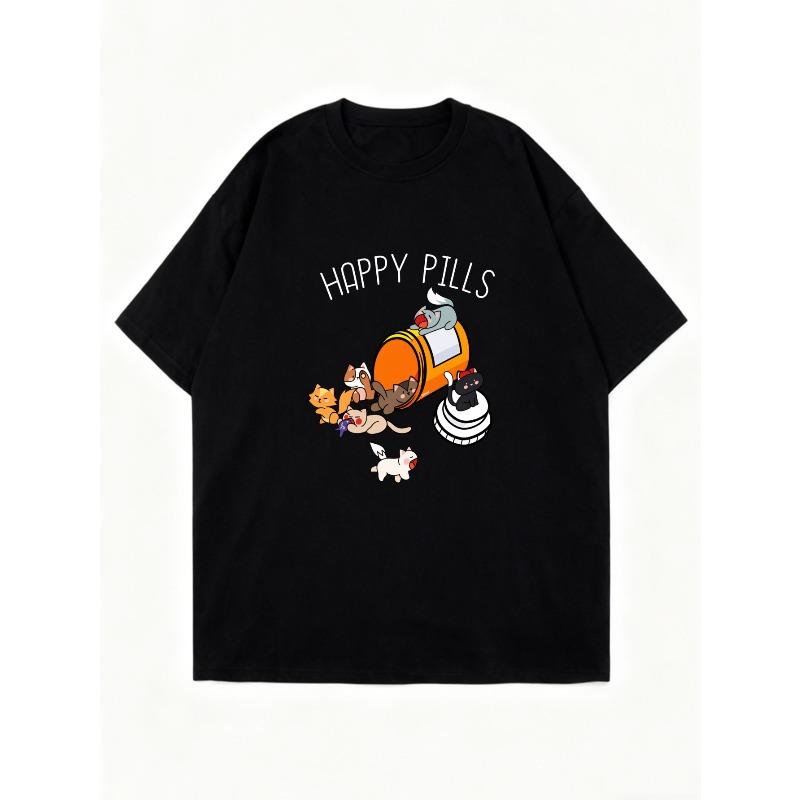 Oversized T Shirt Black Happy Pills Cartoon Pills And Cats Print Casual Wear For Women Streetwear Fashion Summer Outfit