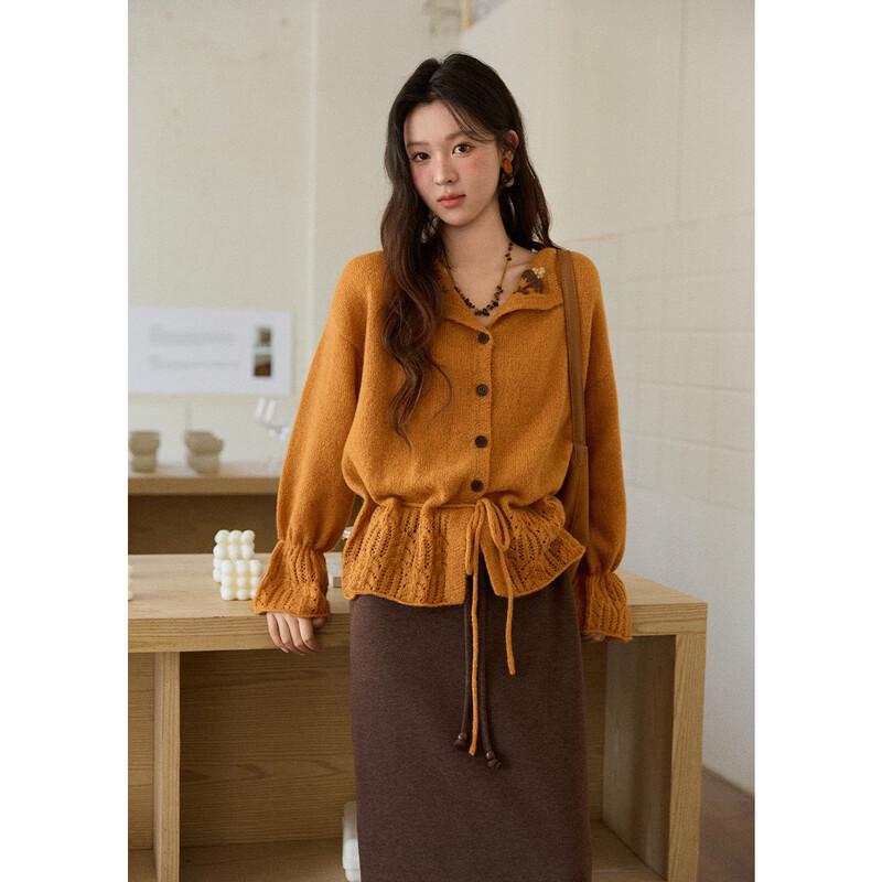 Women s Retro Orange Hollow Knit Cardigan L