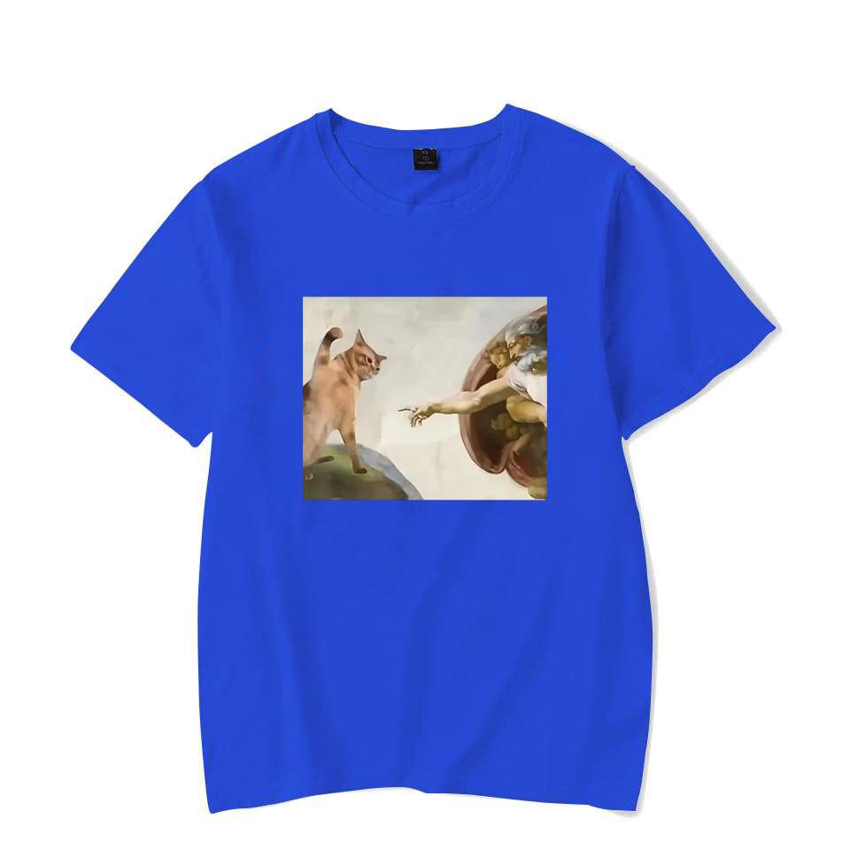 Lustiges Katzen Gott Adam Schöpfung Meme Muster Unisex Damen T-Shirt Lässig Kurzarm Jesus Bild Unisex T-Shirt Rundhals Tee Tops