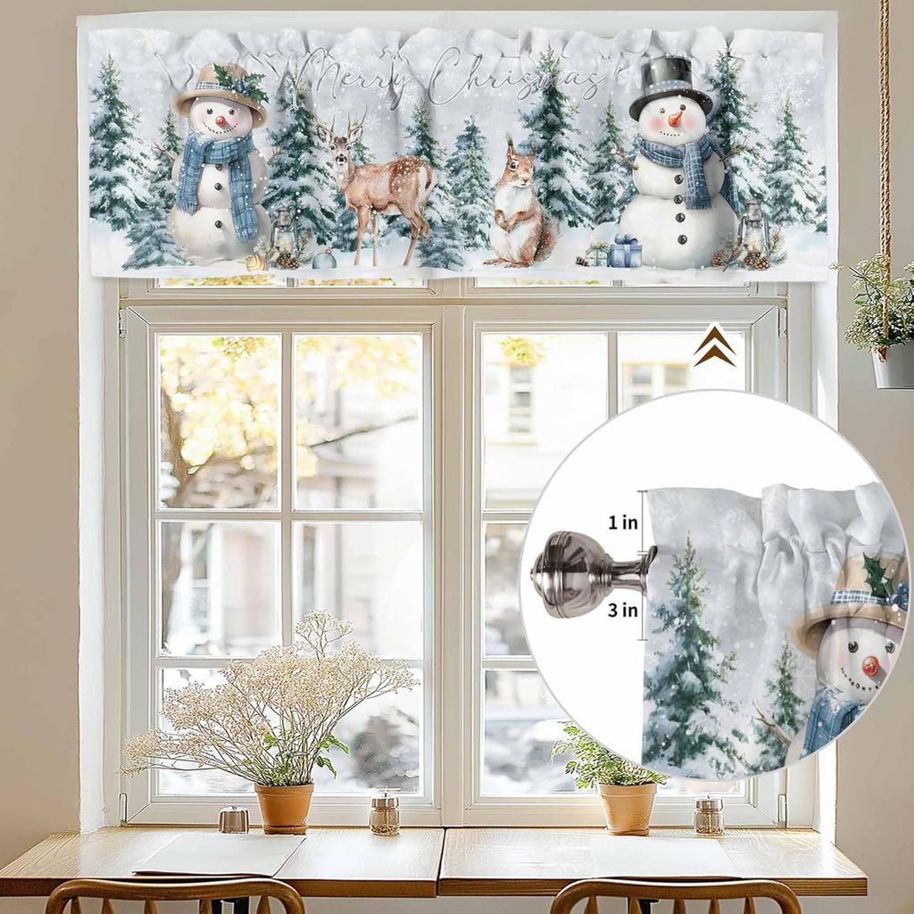 Christmas Valance for Windows Snowman Short Kitchen Curtains for Living Room Over Sink Deer Squirrel Merry Christmas Tree Topper Window Treatment