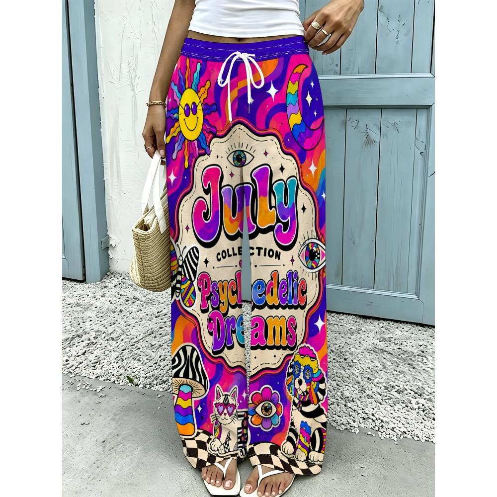 Vintage psychedelic cartoon sun dog print women's wide-leg pants loose and thin trousers