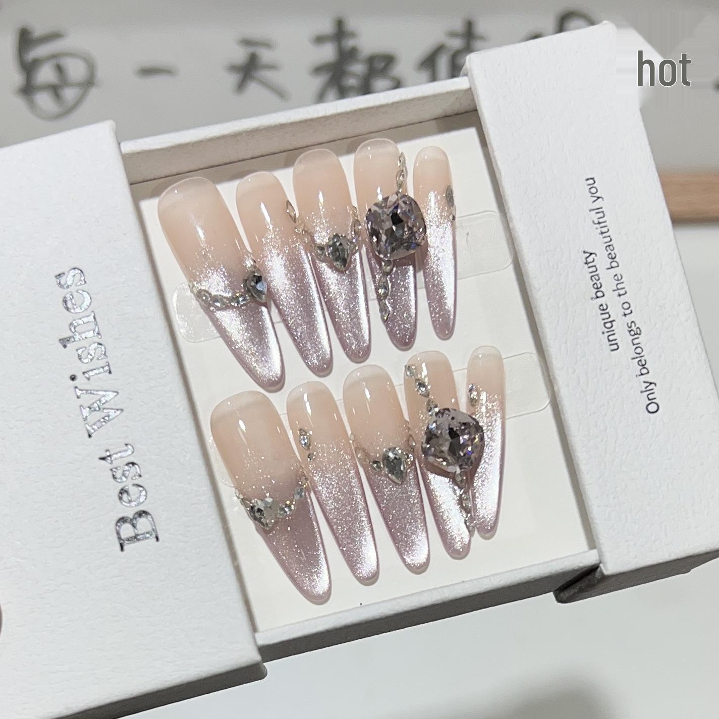 

Purple Romantic Cat Eye Press-On Nails: Handmade, Super Flash Diamond Nude False Nails Small S