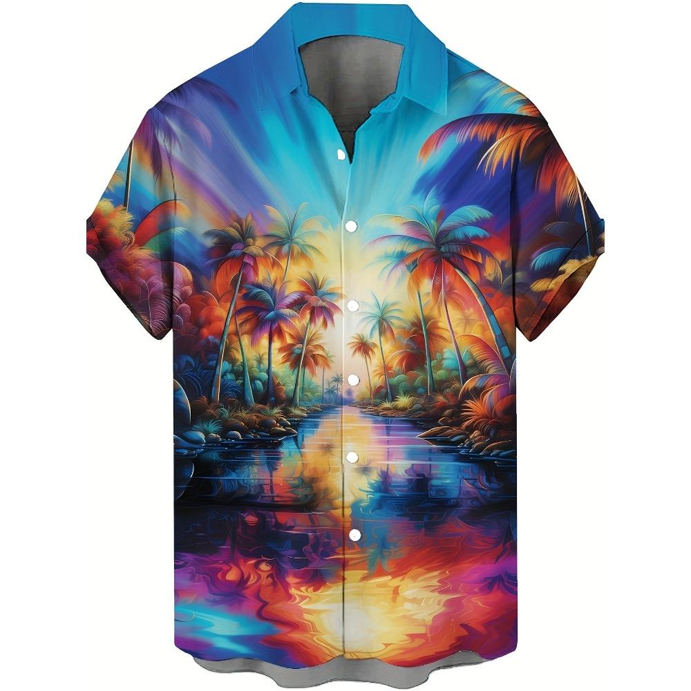 Men's Hawaiian Shirts Summer Casual Hawaiian Palm Tree Landscape Print Button Lapel Short Sleeve Shirts Men's Short Sleeve Shirt