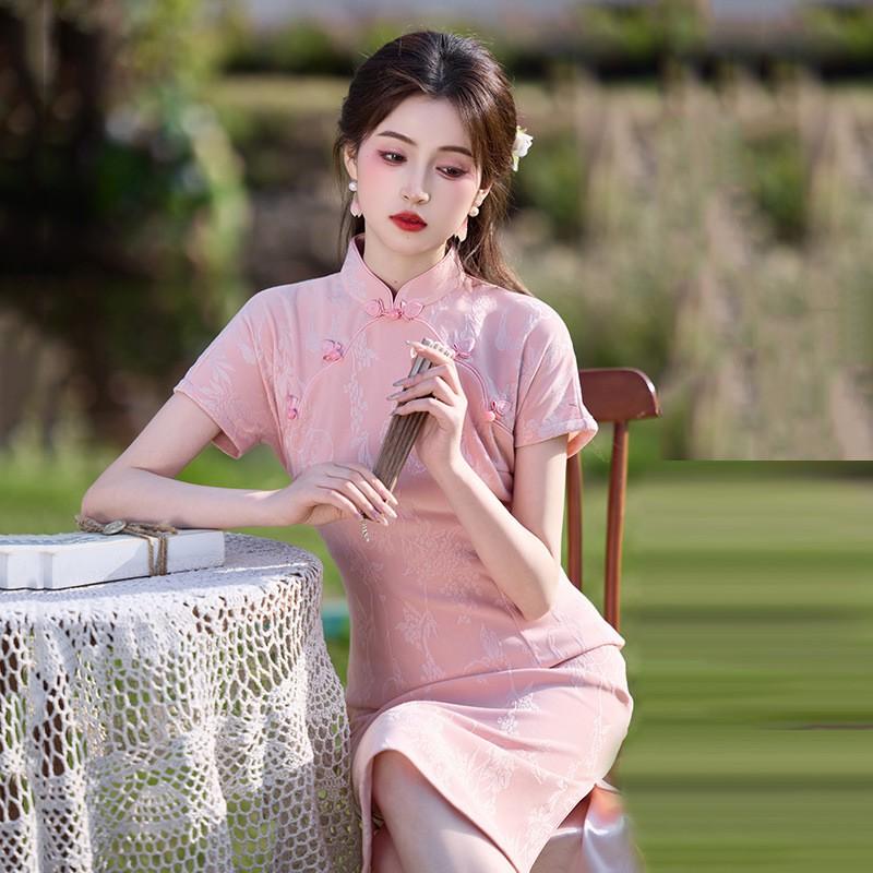 Womens Modern Chinese-Style Long Cheongsam Dress Pink Jade Knit Jacquard Short Sleeve Retro Fit