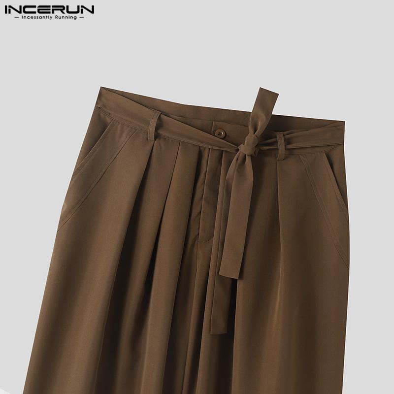 INCERUN Men Zipper Up Belted Wide Leg Trousers Casual Palazzo Pants