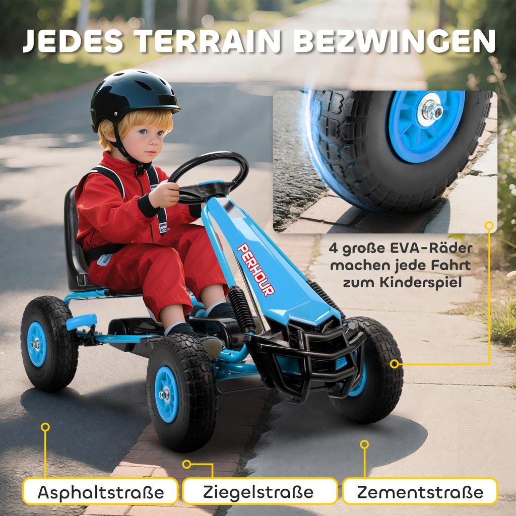 Go-kart a pedali per bambini con sedile regolabile, pneumatici in EVA, frizione manuale, freno, Go-kart per bambini 3-8 anni, Blu
