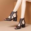 Black Pu Leather Low-Heeled Women Sandals Summer Peep Toe Hollow Comfor Designer Shoes Retro Non-Slip Casual Roman Office Shoes