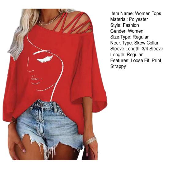 Damen Frühling Sommer Tops Trägertop Schrägkragen 3/4 Ärmel Face Print Bluse Loose Fit T-Shirt Streetwear