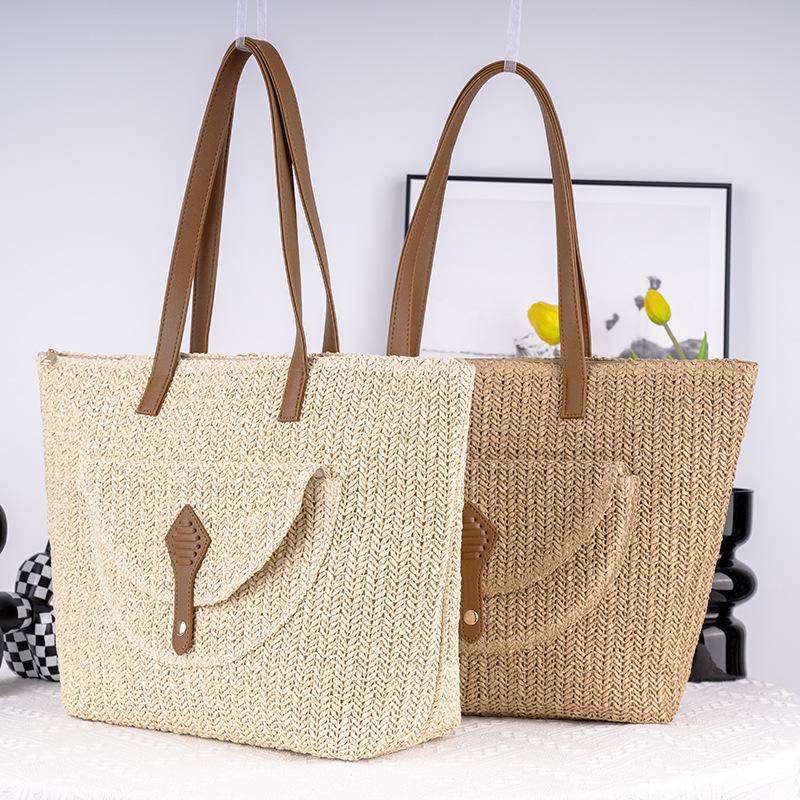 Ins Simple Fashion Straw Woven Bag Shoulder Paper Rope Pastoral Style Handmade Weaving Bag Lady Beach Bag Large Capacity Women