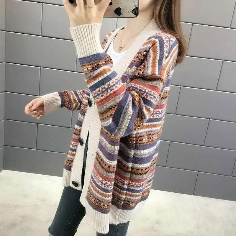 Plus-size Jacket Female Spring and Fall Striped Versatile Casual Knitted Cardigan Comfortable Elastic Loose Jacket