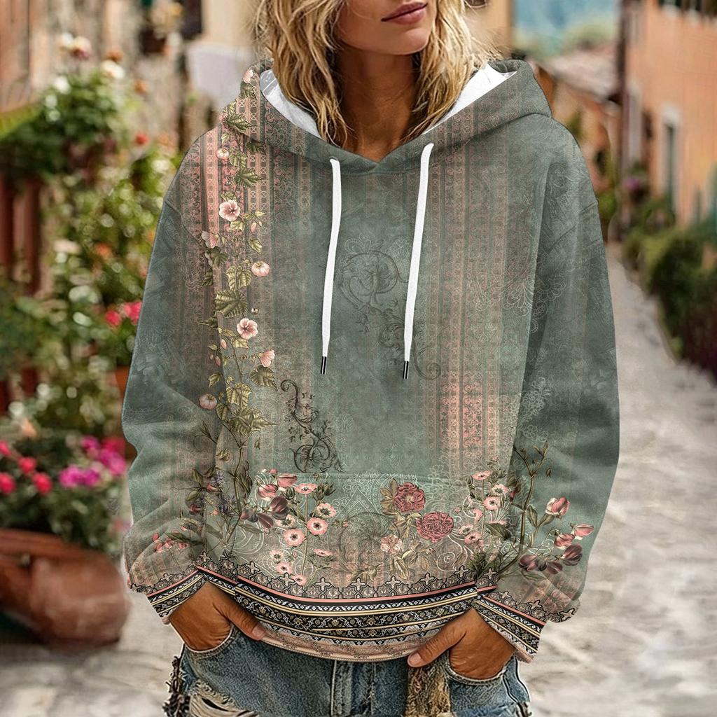 Women's Floral Print Casual Hoodie with Pocket and Long Sleeve Top