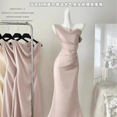 Women Evening Blush Draped Neck Satin Mermaid Maxi Dress