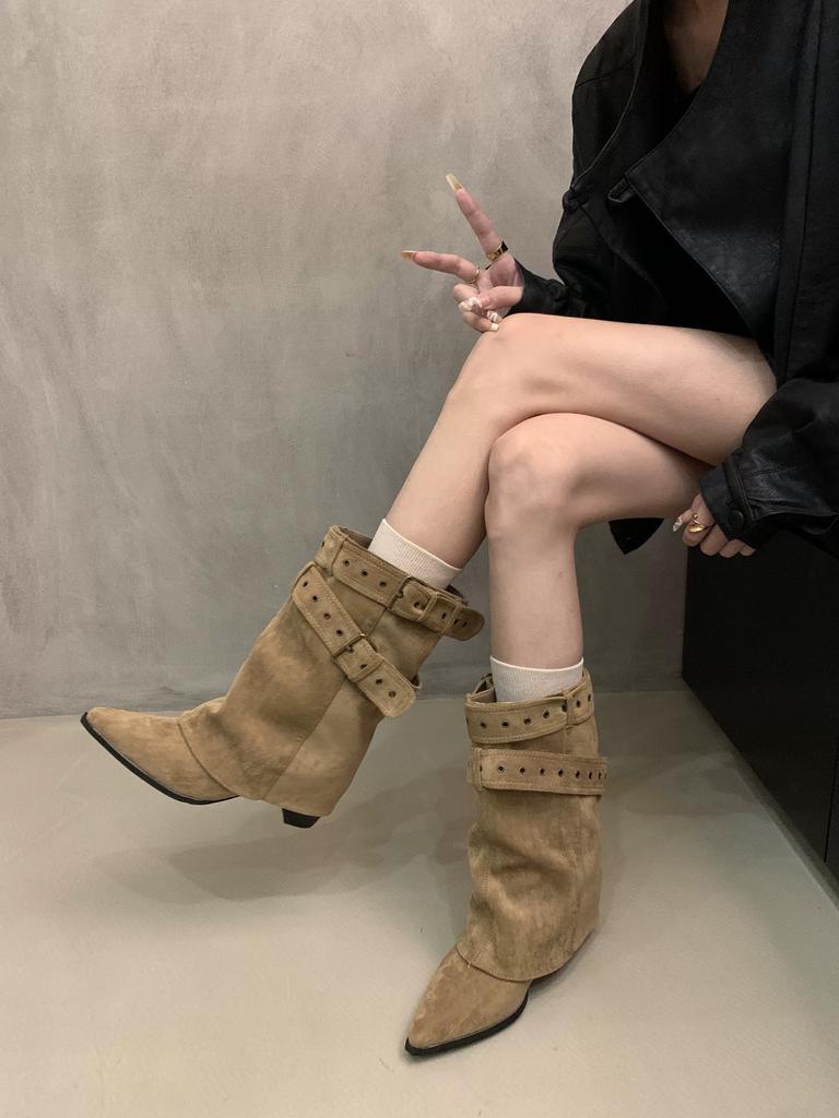 European and American Fashionable Pointed High-heeled Short Boots Belt Buckle Rivet Trouser Tube Boots Thin Stacking Boots