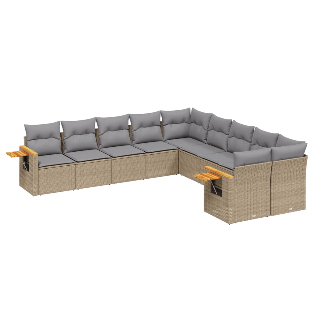10 piece Garden Sofa Set with Cushions Beige Poly Rattan
