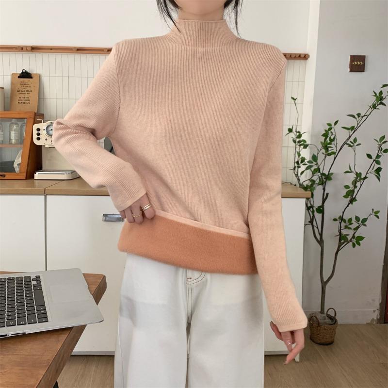 Autumn and Winter Thickened Inner Semi-turtleneck Loose Integrated Fleece Andy Fleece Sweater Women's Soft Waxy Knitted Bottoming Top