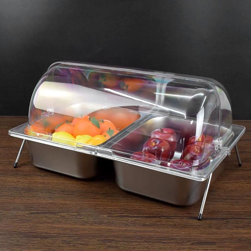 Rectangular Stainless Steel Food Display Tray with Clear Lid and Ice Compartment