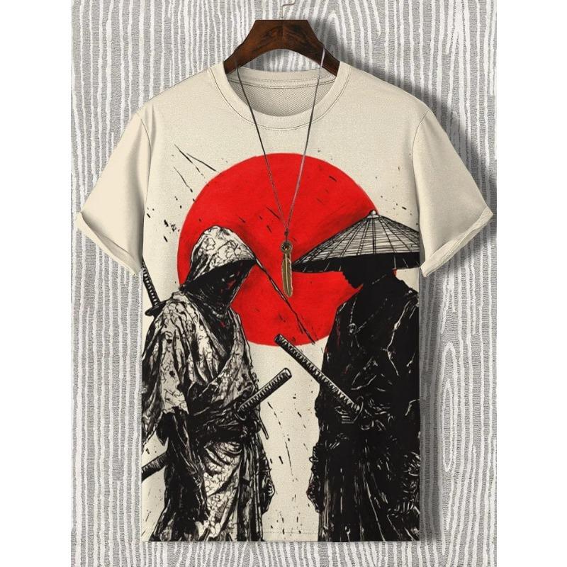 Herren Japanische Ukiyo-E Bedruckte T-Shirts Kurzarm Tees Tops 3D-Druck O-Ausschnitt Shirt Sommer Lässig Herrenbekleidung