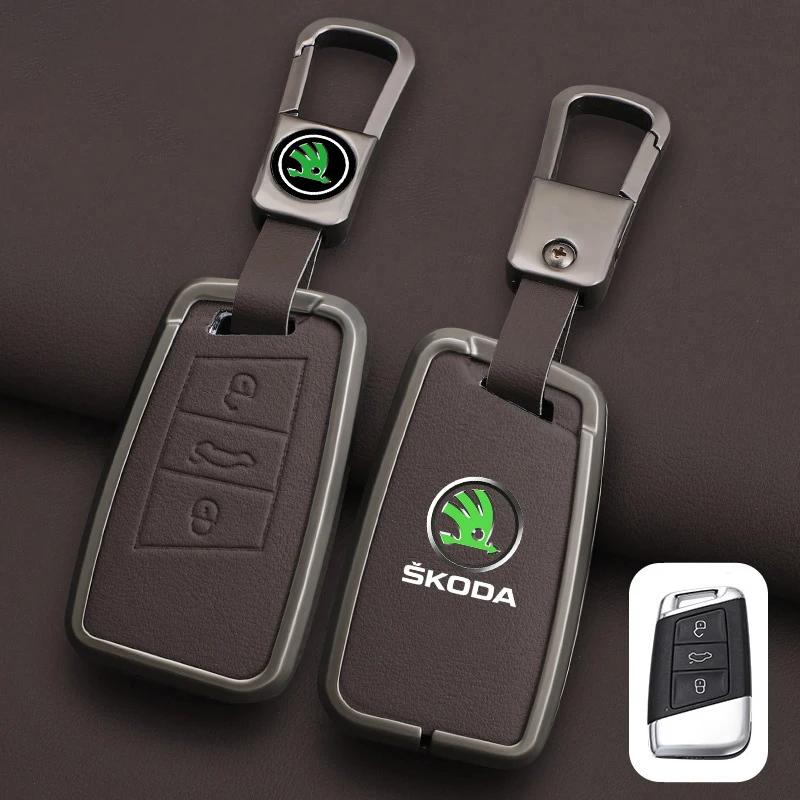 AFK1 Leather Car Remote Key Case Full Cover Protector Holder Shell Fob For Skoda Superb A7 Kodiaq Octavia A7 A8 Keychain Accessories