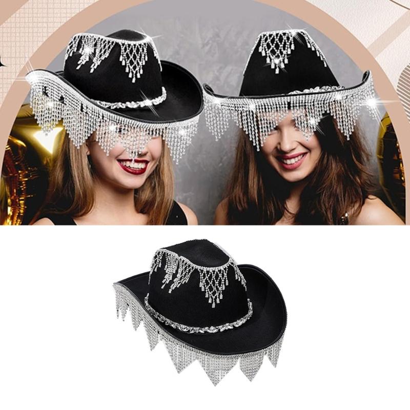 Vacation Cowboy Hats Diamond Tassels Hand Beading Crystal Gift for Girl Cowgirl Hat for Carnivals Music Festival