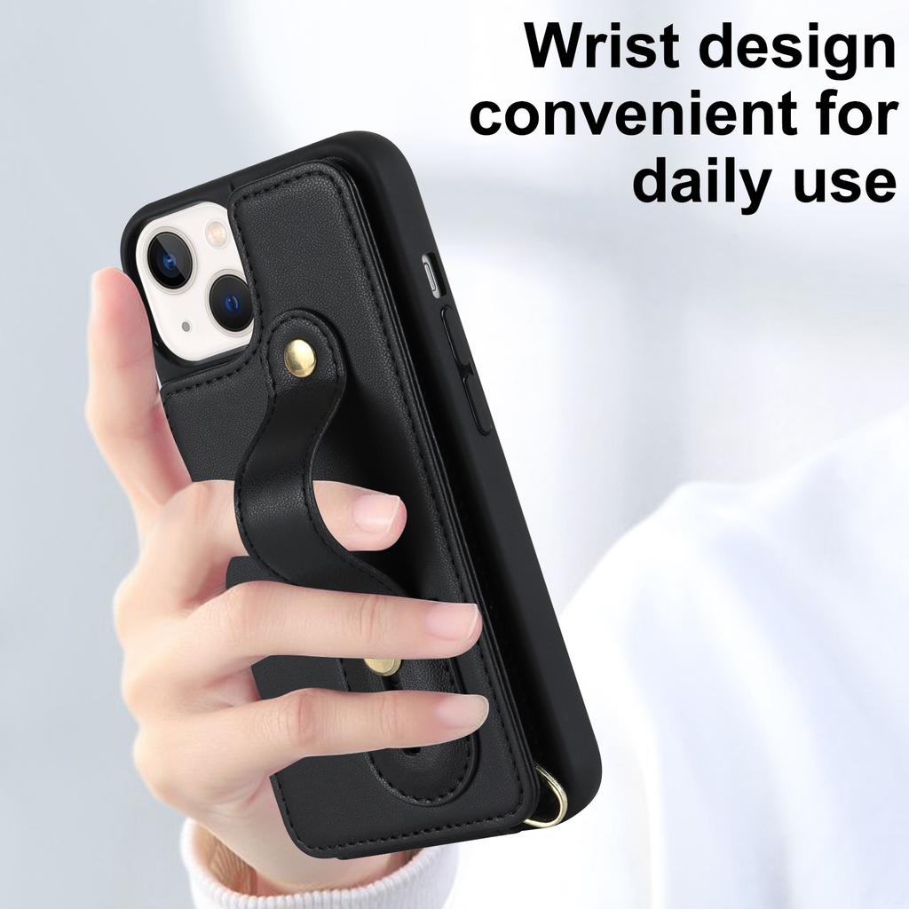 Card Holder Shell for iPhone 15,Kickstand Case PU Leather Coated TPU Phone Cover with Shoulder Strap