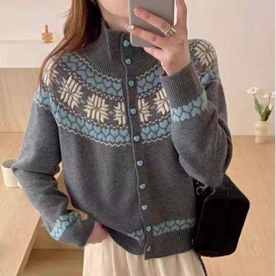 Pulover retro cu rever Fair Isle jacquard contrastant pentru femei, cardigan tricotat casual cu vânt leneș, top pentru femei
