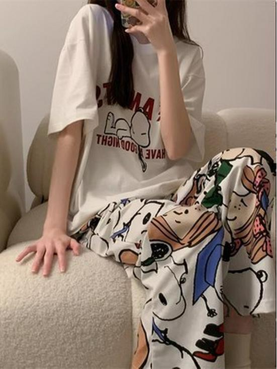 

Женский летний мультяшный пижамный комплект - Круглый вырез, Короткий рукав, Легкие брюки для весны и осени 2XL