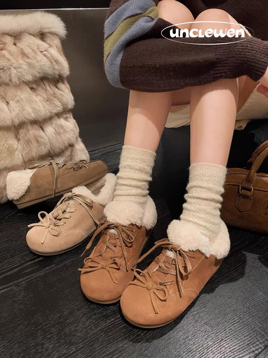 

2025 Осень Ретро Коровья замша Круглый носок Бант Балетки 36