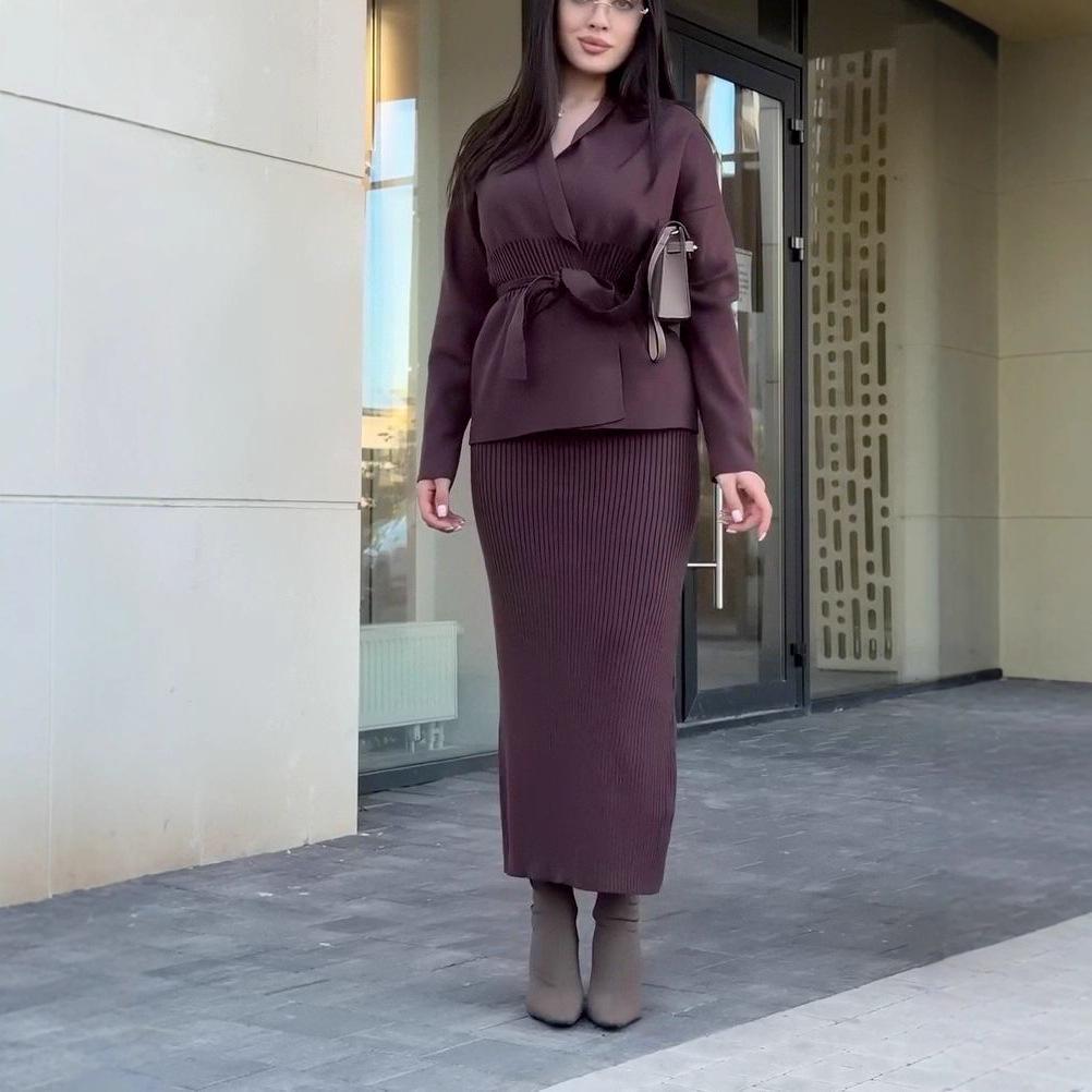 2025 Autumn V-neck Long-sleeve Cardigan & Bodycon Dress Set
