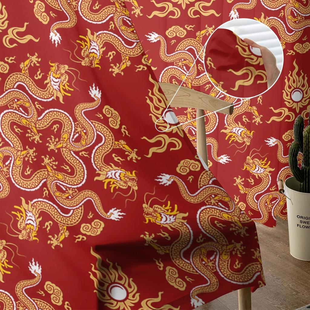 Dragon Red Background Tulle Curtain For Living Room Bedroom Kitchen Decoration Window Voiles Tulle Curtain