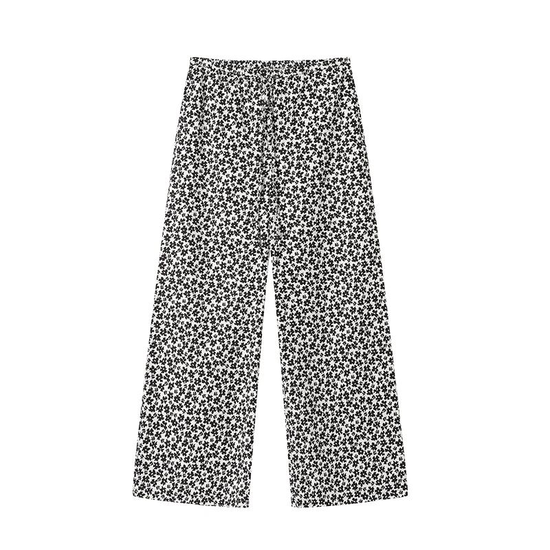 

GREEN BELT Black & White Floral Tencel Wide-Leg Pants M