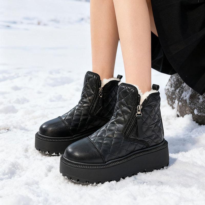 Winter new thickened warm short boots women's casual cotton shoes soft leather flat non-slip snow boots women