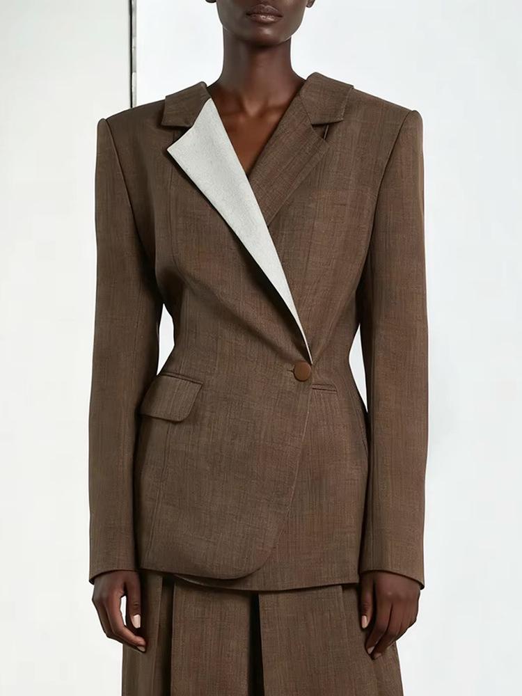 Women's Spring 2026 Slim Fit Brown Color-Block Suit Jacket - Professional & Stylish