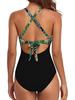 European American Color Block Spliced Cutout One-Piece Swimsuit with Adjustable Cross Tie-Up.