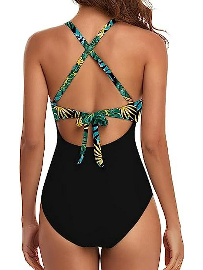 European American Color Block Spliced Cutout One-Piece Swimsuit with Adjustable Cross Tie-Up.