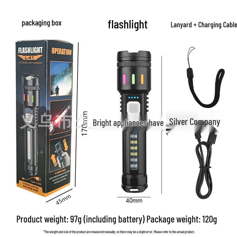 White Laser Flashlight with Telescopic Focus, LCD Display, Long Range, Rechargeable Battery, and Emergency Features