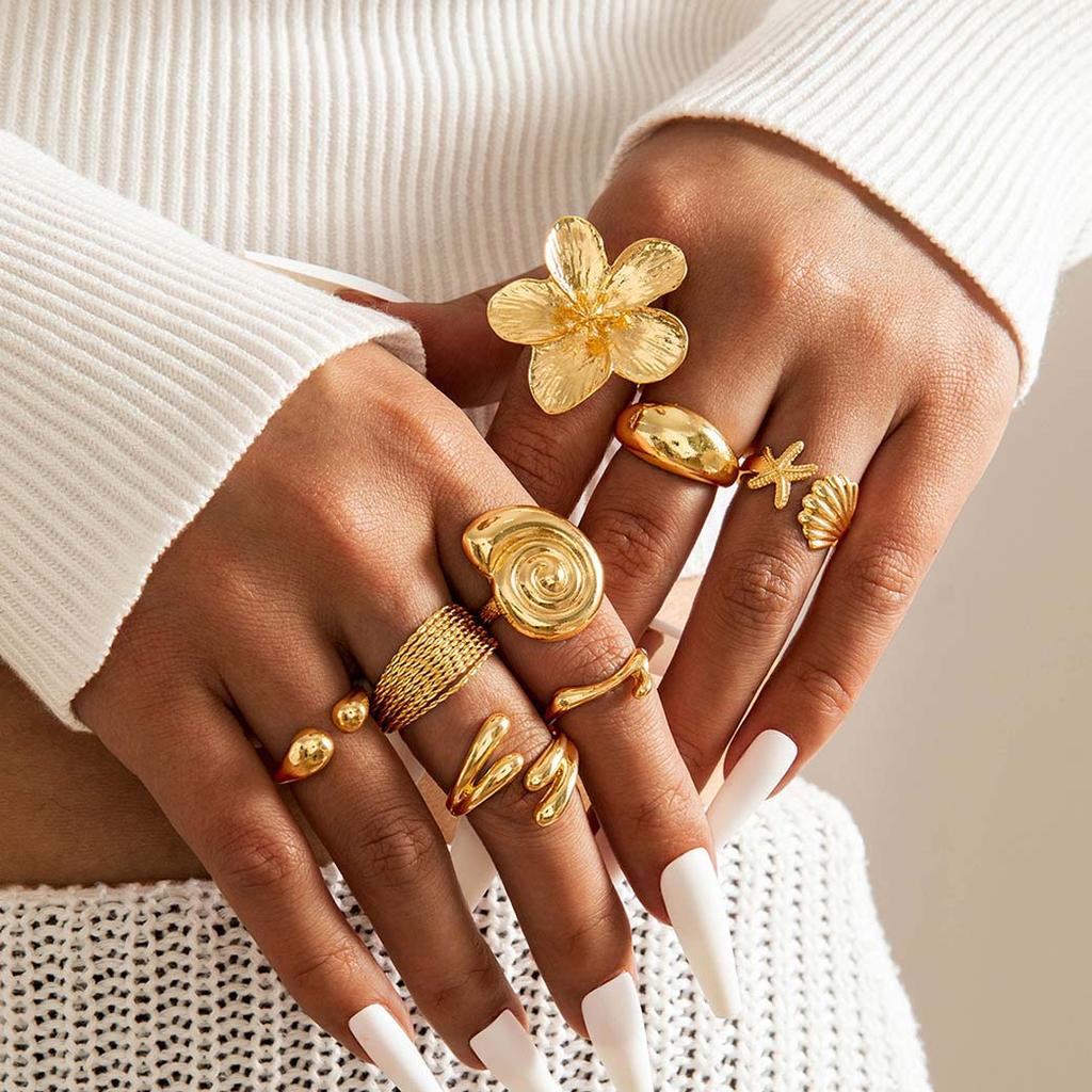 8Pcs/Set Vintage Metal Petal Flower Water Drop Open Rings for Women Trend Goth Geometric Rings Set Daily Jewelry Gift