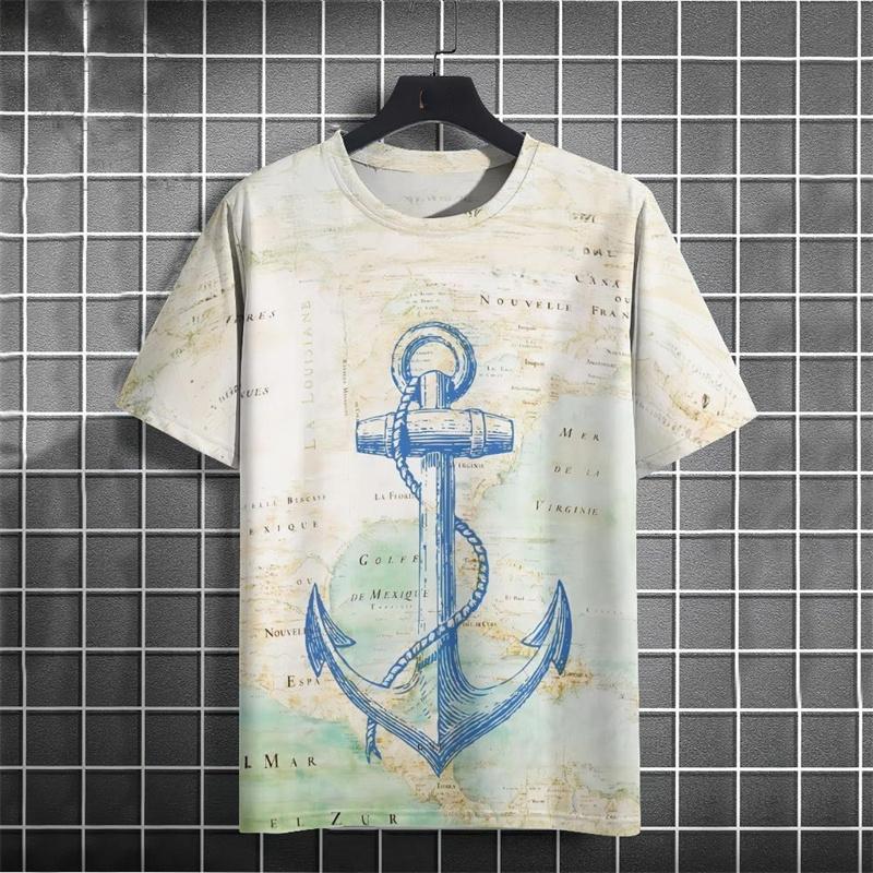 Retro Style Anchor Graphic Men T-shirt Street 3D Print Casual Fashion Stripe Short Sleeve T Shirts Summer Daily Trend Men's Tees