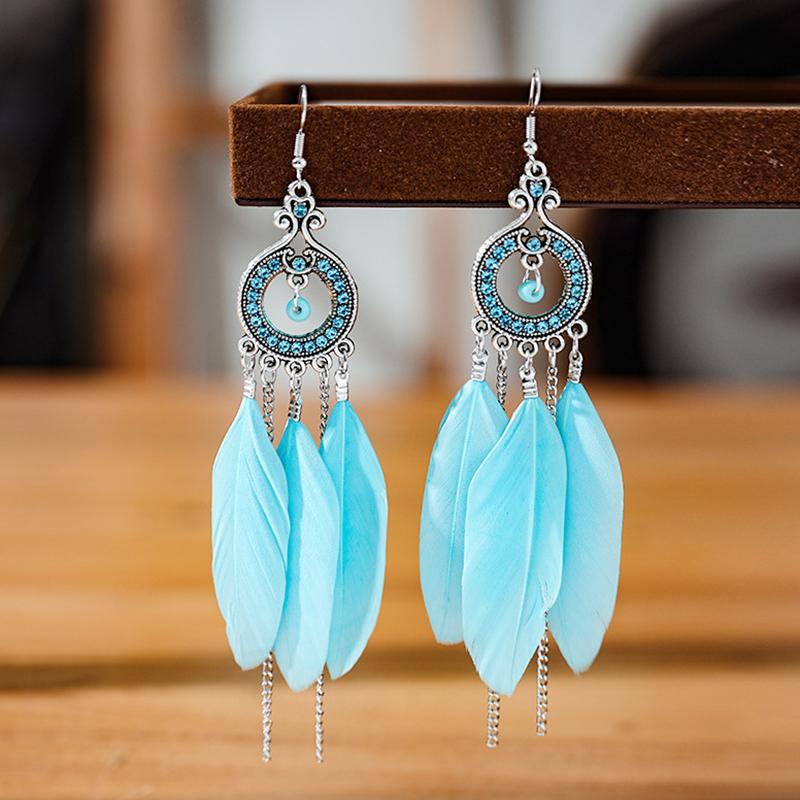 Modische Böhmische Bunte Federohrringe für Damen Ethnischer Stil Lange Geometrische Ohrringe Damen Schmuck Accessoires Geschenk