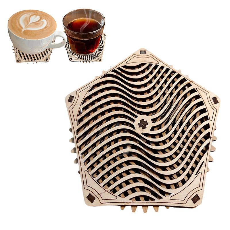 Kinetic Coaster Handmade Unique Pentagram Design Swivel Wooden Coasters Subtle Spiral Texture For Home/Office Decor Gifts