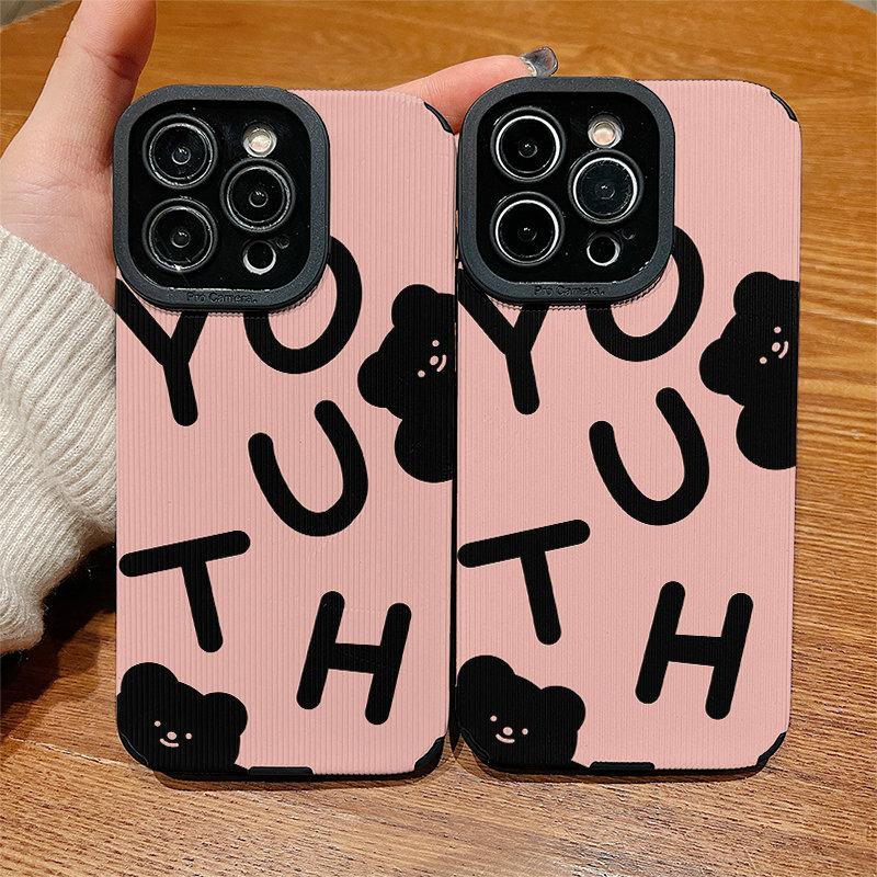 Vertical Leather Shell Youth Black Bear Printed Patterned Shockproof Soft Silicone Case with Camera Lens Full Protection for IPhone Samsung