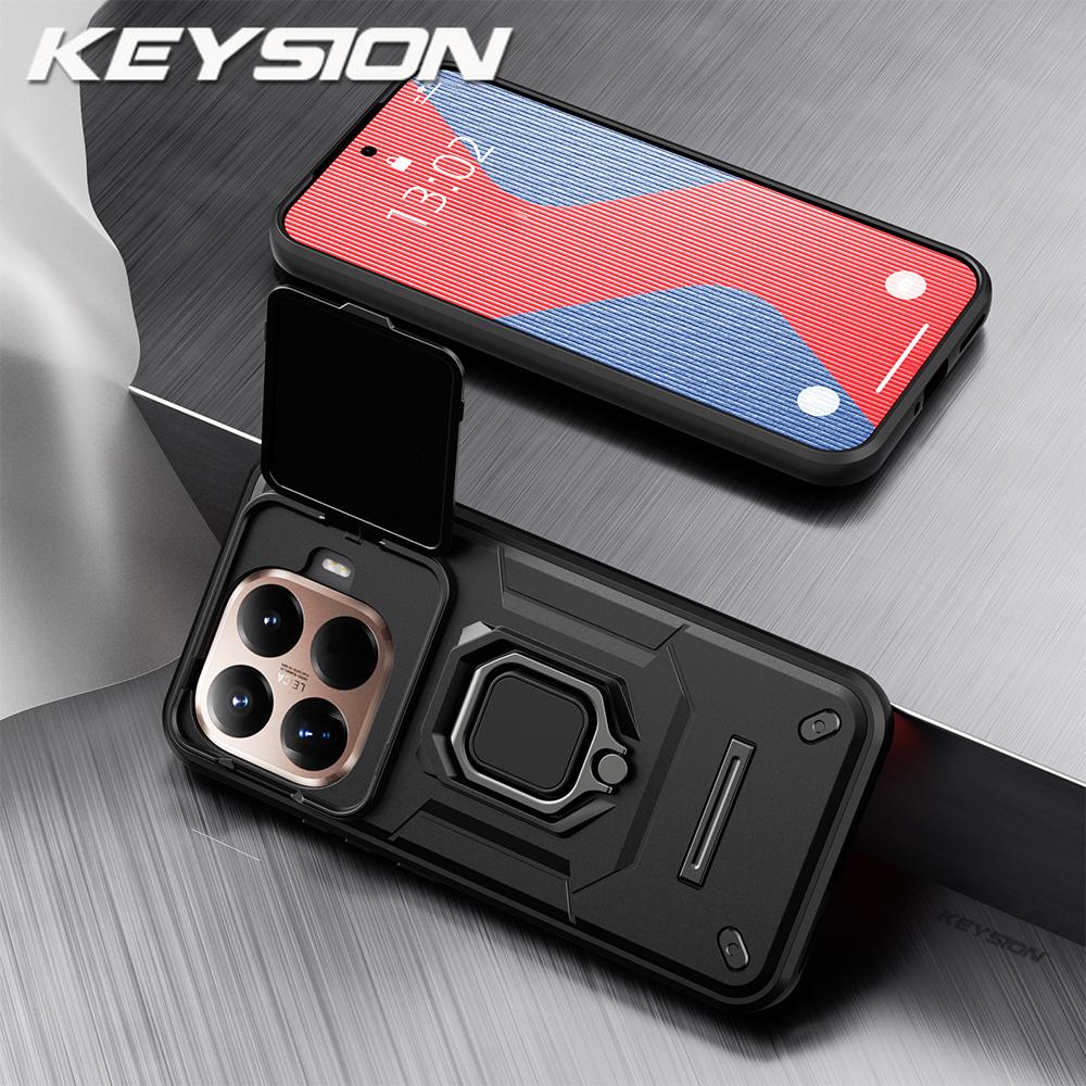 KEYSION Shockproof Armor Case for Xiaomi 15T Pro 5G Slide Camera Protection Metal Ring Stand Phone Back Cover for Xiaomi 15T 5G