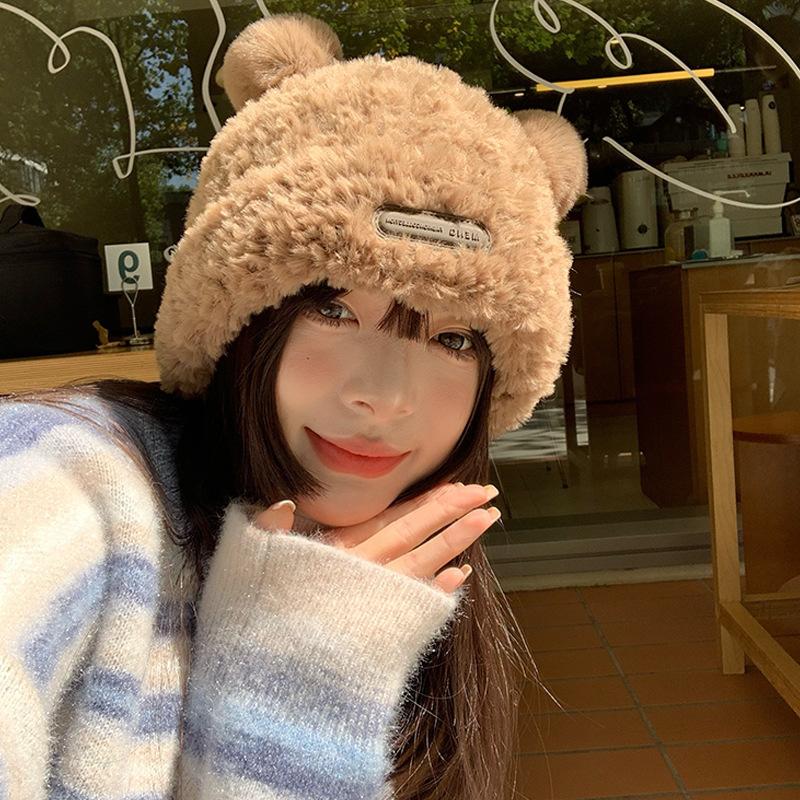 

Милая плюшевая шапка-медведь женская осенне-зимняя утолщенная теплая шапка модная универсальная маленькая шапка из шерстяной вязки