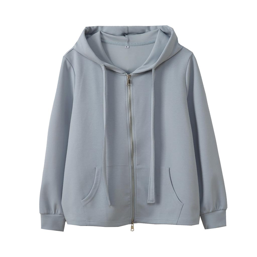 Large Size Women's Clothing Autumn New Solid Color Hooded Sweater Jacket Women's Zipper Pocket Top 333102